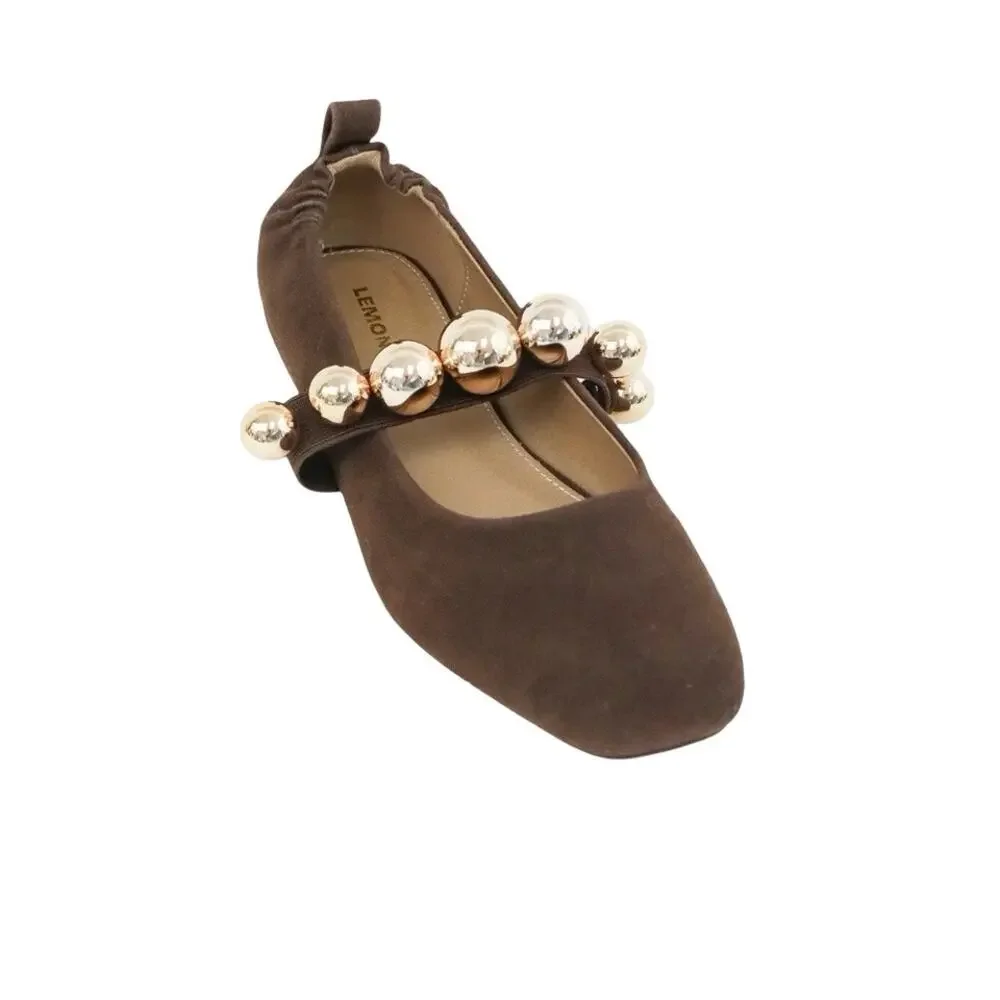 Lemonade The Colleen Ballet Flat Chocolate Brown Gold Metallic Pearl Strap Sz 8